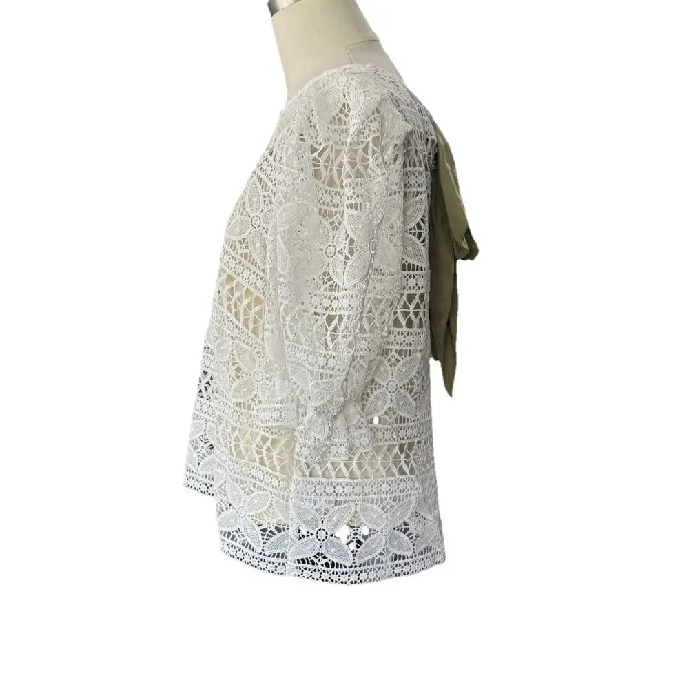Dolan Anthropologie Lace Top Women's Large Ivory Puff Sleeve Bow Back Lined